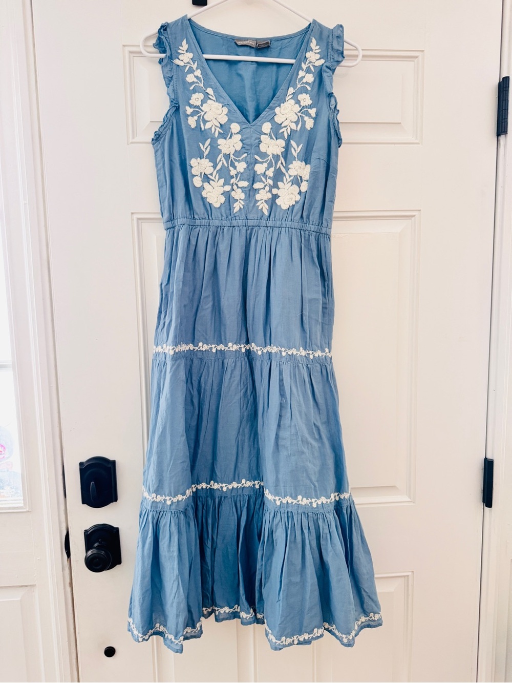 Lucky Brand Light Blue Midi Dress with White Floral Embroidery